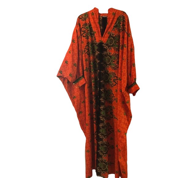 COPY - NWT Kaftan Maxi Dress Handmade in Jakarta Long Sleeves Batik Print V-Neck - Picture 1 of 6